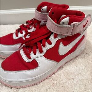 NIKE Air Force 1 Red, White & Pink High-Top Athletic Sneakers